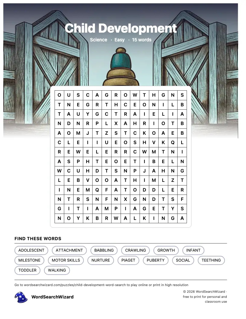 Child Development word search printable sheet, 15 words to find