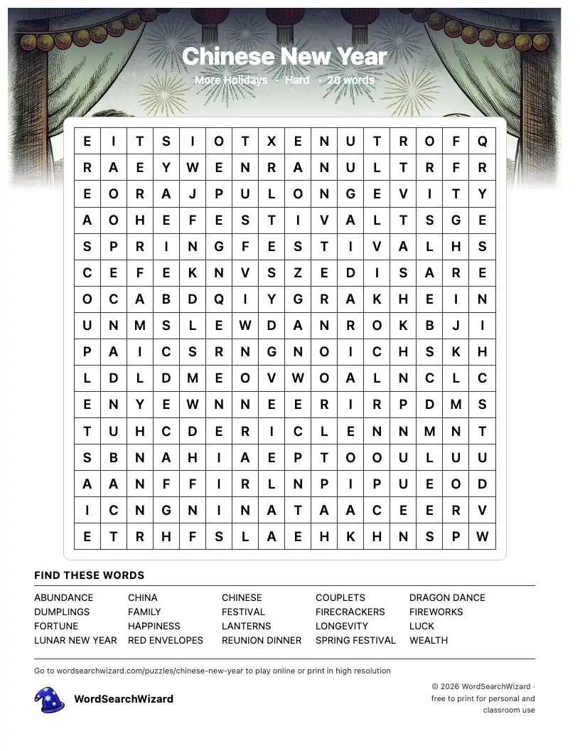 Chinese New Year word search printable sheet, 20 words to find