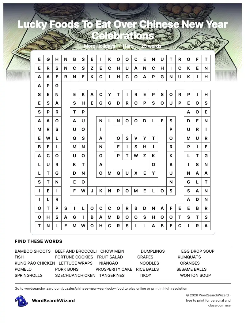 Lucky Foods To Eat Over Chinese New Year Celebrations word search printable sheet, 25 words to find