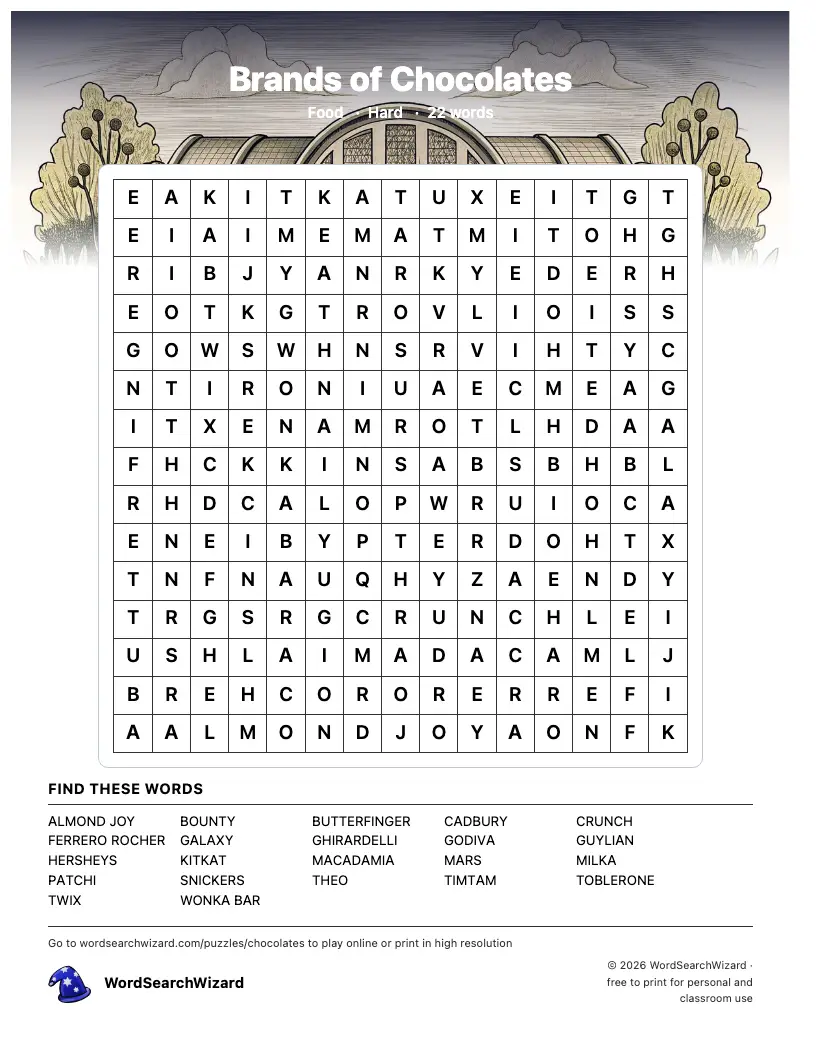 Brands of Chocolates word search printable sheet, 22 words to find