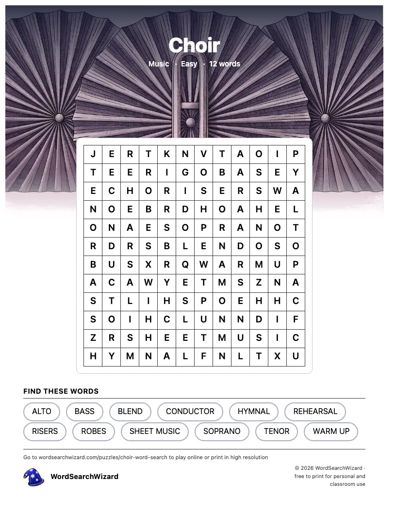 Choir word search printable sheet, 12 words to find