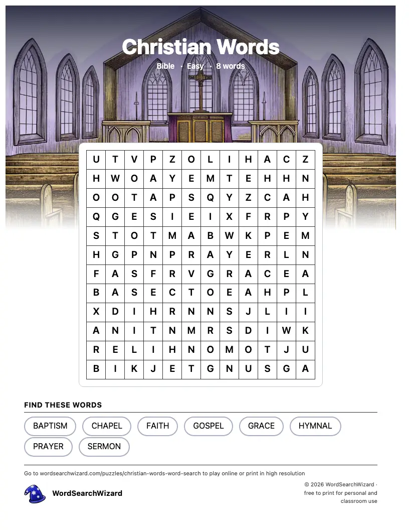 Christian Words word search printable sheet, 8 words to find