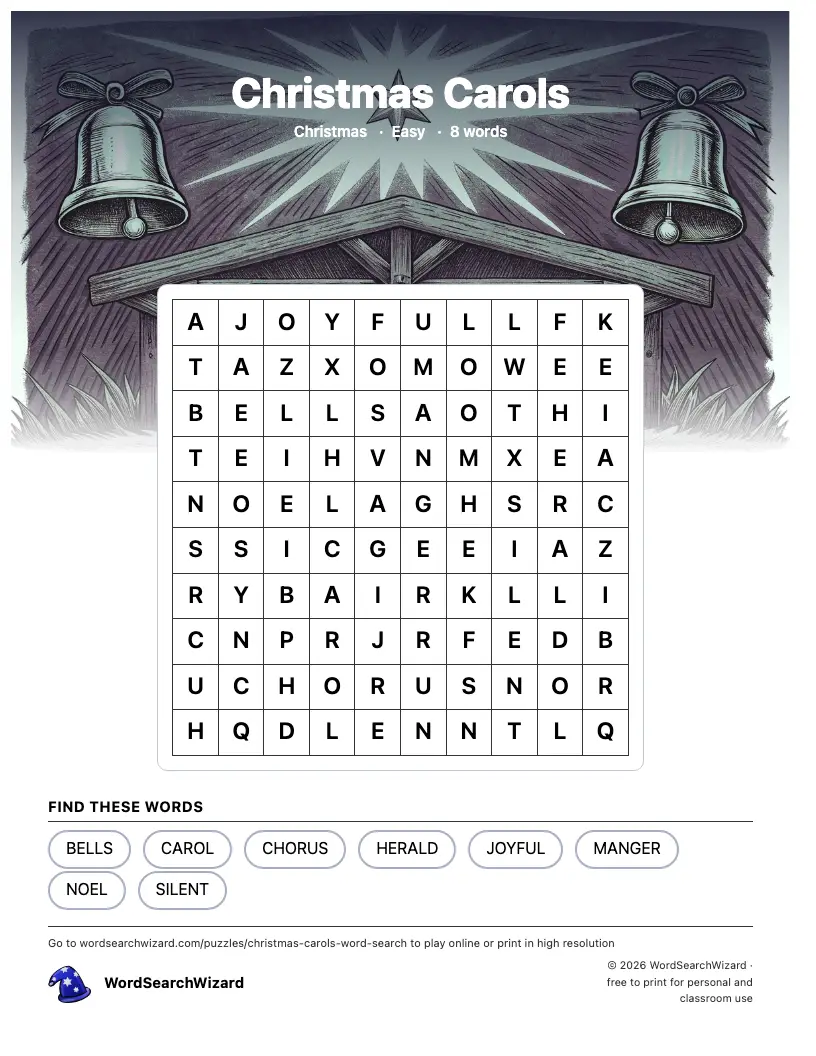 Christmas Carols word search printable sheet, 8 words to find
