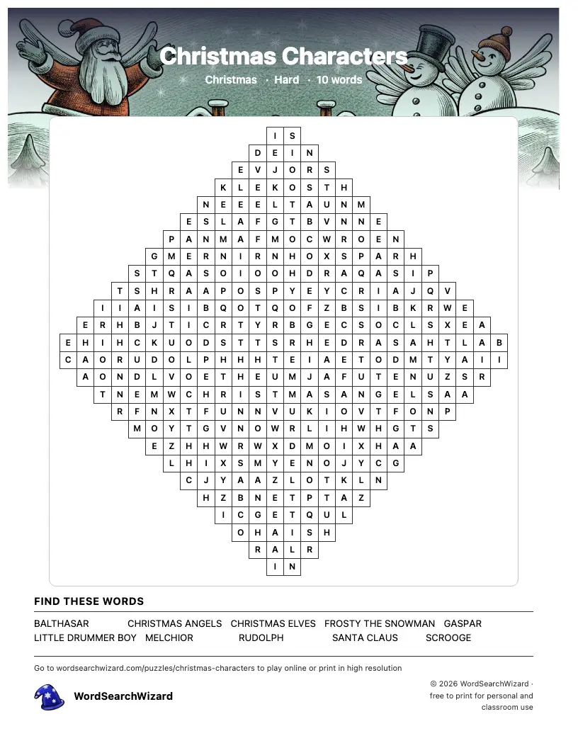 Christmas Characters word search printable sheet, 10 words to find