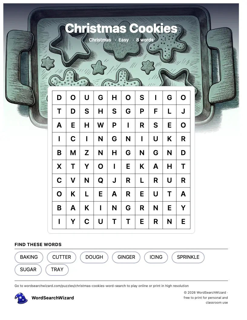 Christmas Cookies word search printable sheet, 8 words to find
