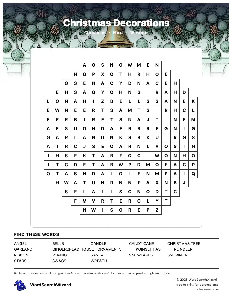 Christmas Decorations word search printable sheet, 18 words to find