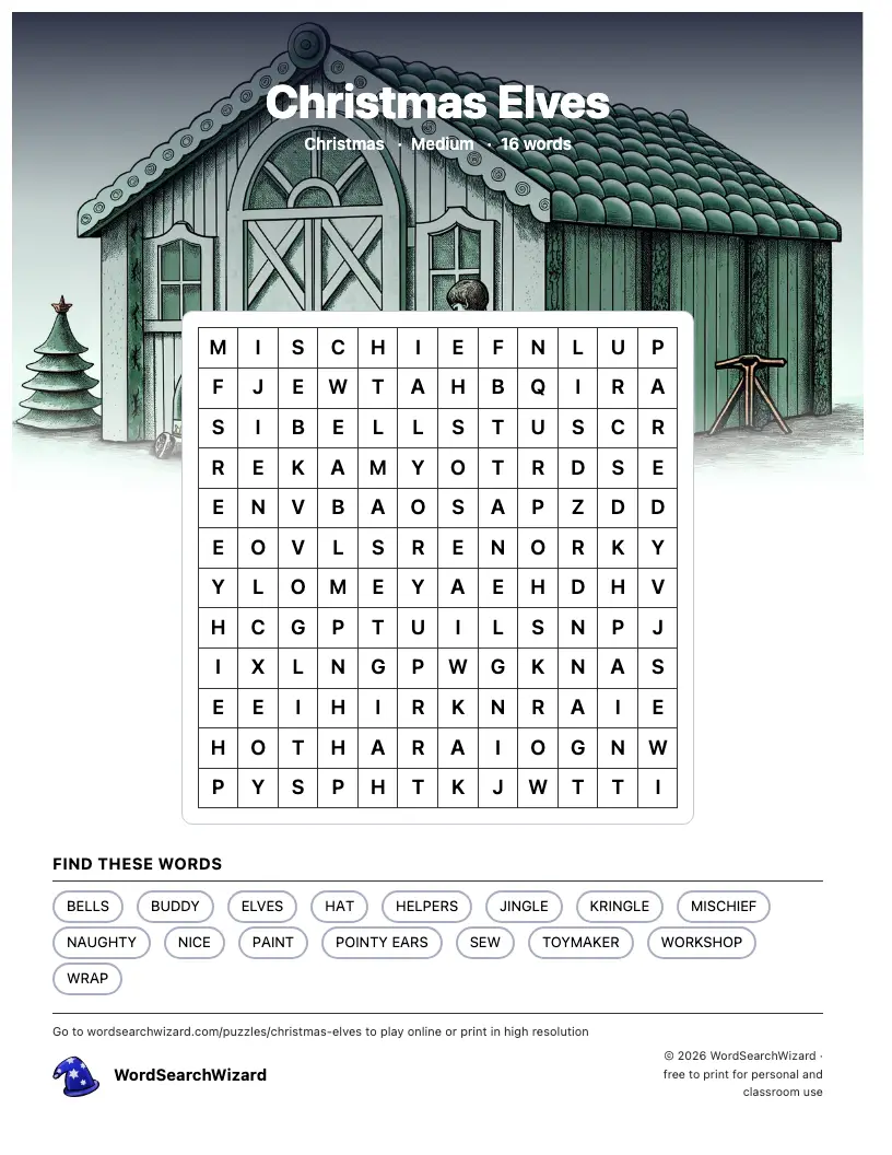 Christmas Elves word search printable sheet, 16 words to find