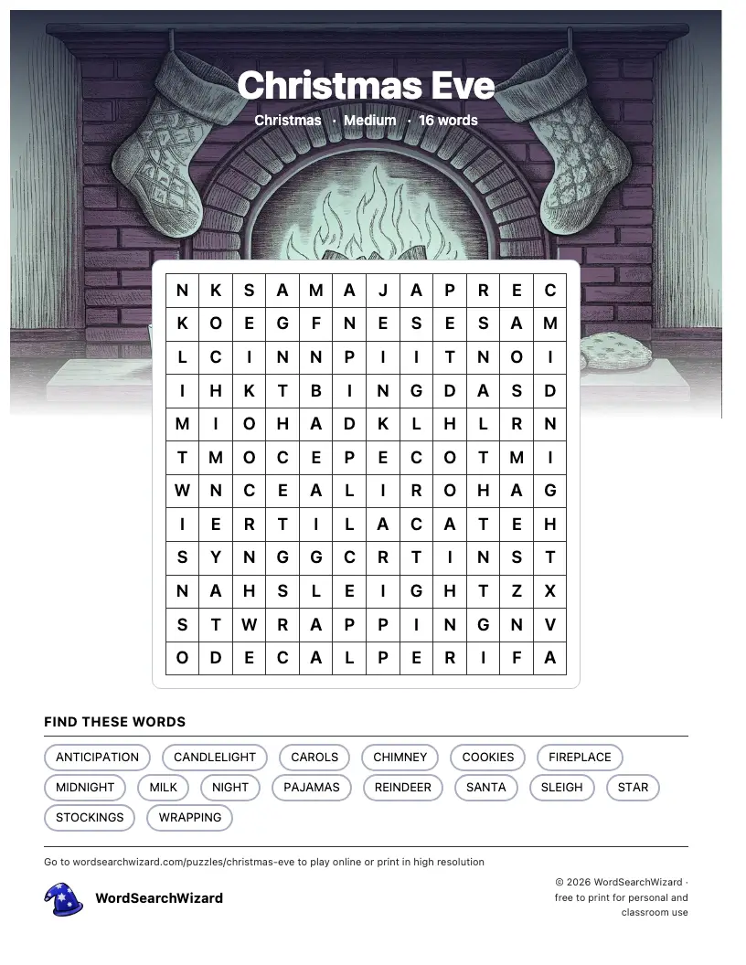 Christmas Eve word search printable sheet, 16 words to find
