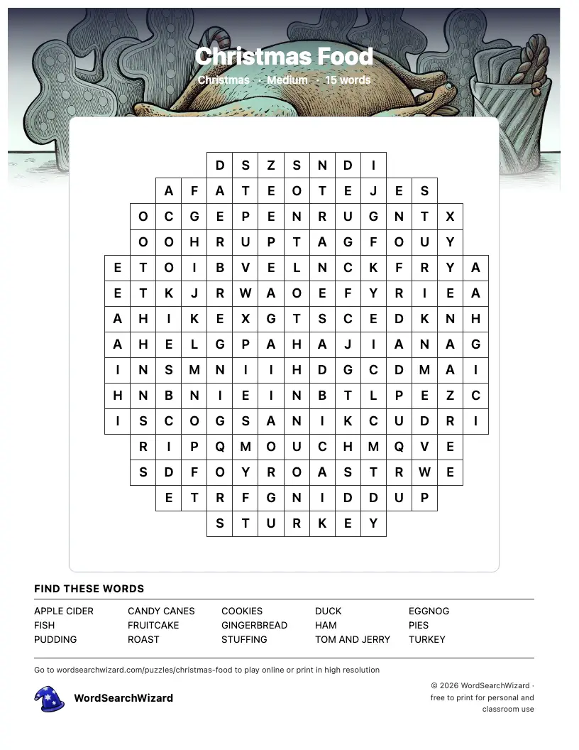 Christmas Food word search printable sheet, 15 words to find