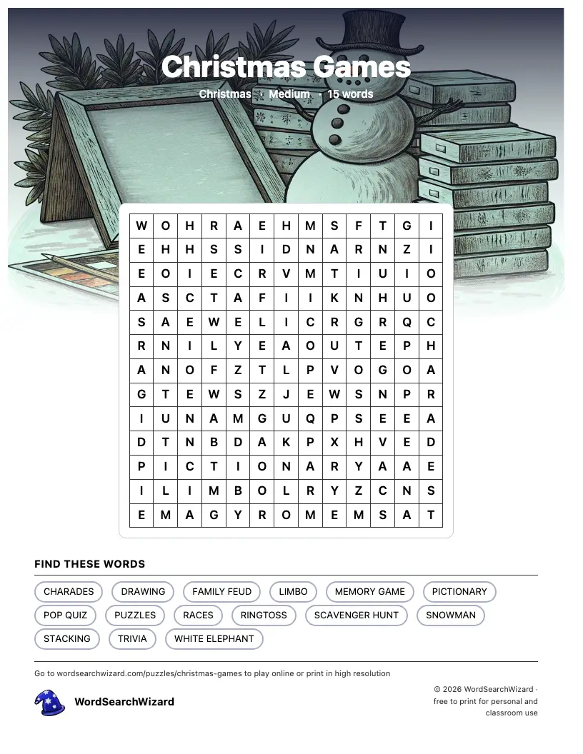 Christmas Games word search printable sheet, 15 words to find