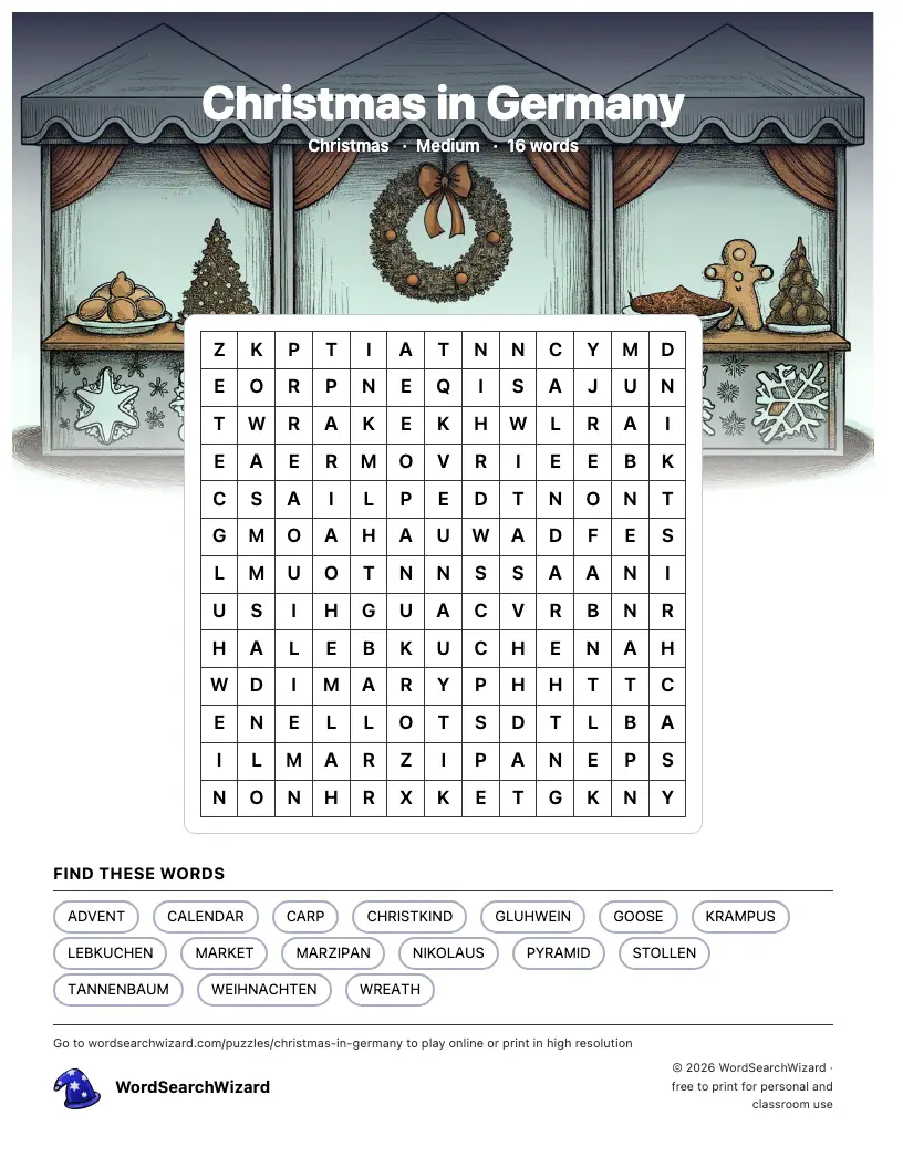 Christmas in Germany word search printable sheet, 16 words to find