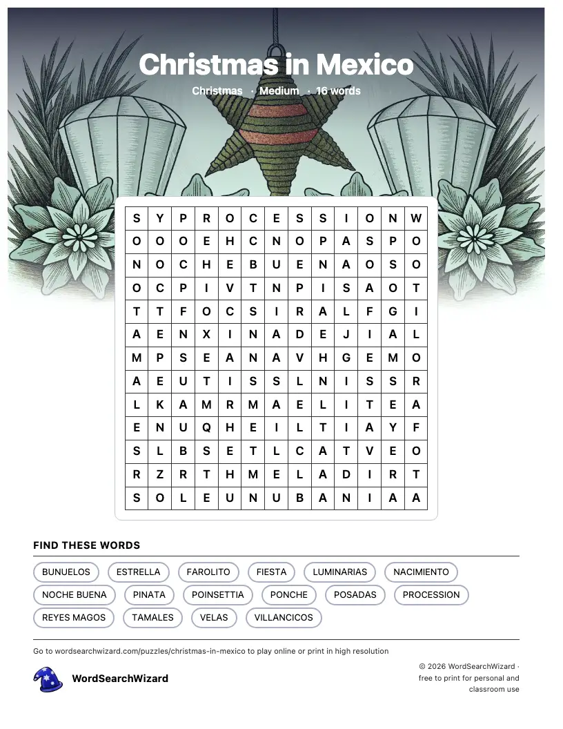 Christmas in Mexico word search printable sheet, 16 words to find