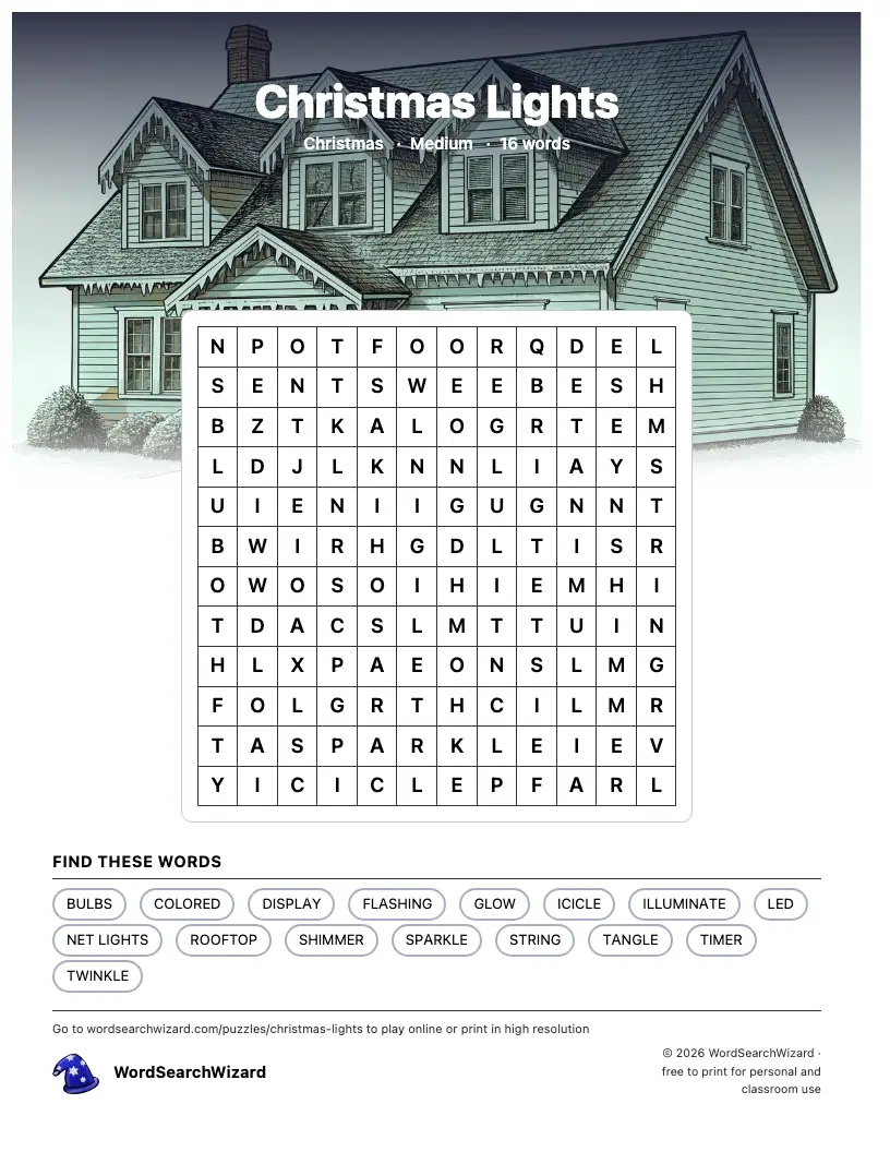 Christmas Lights word search printable sheet, 16 words to find