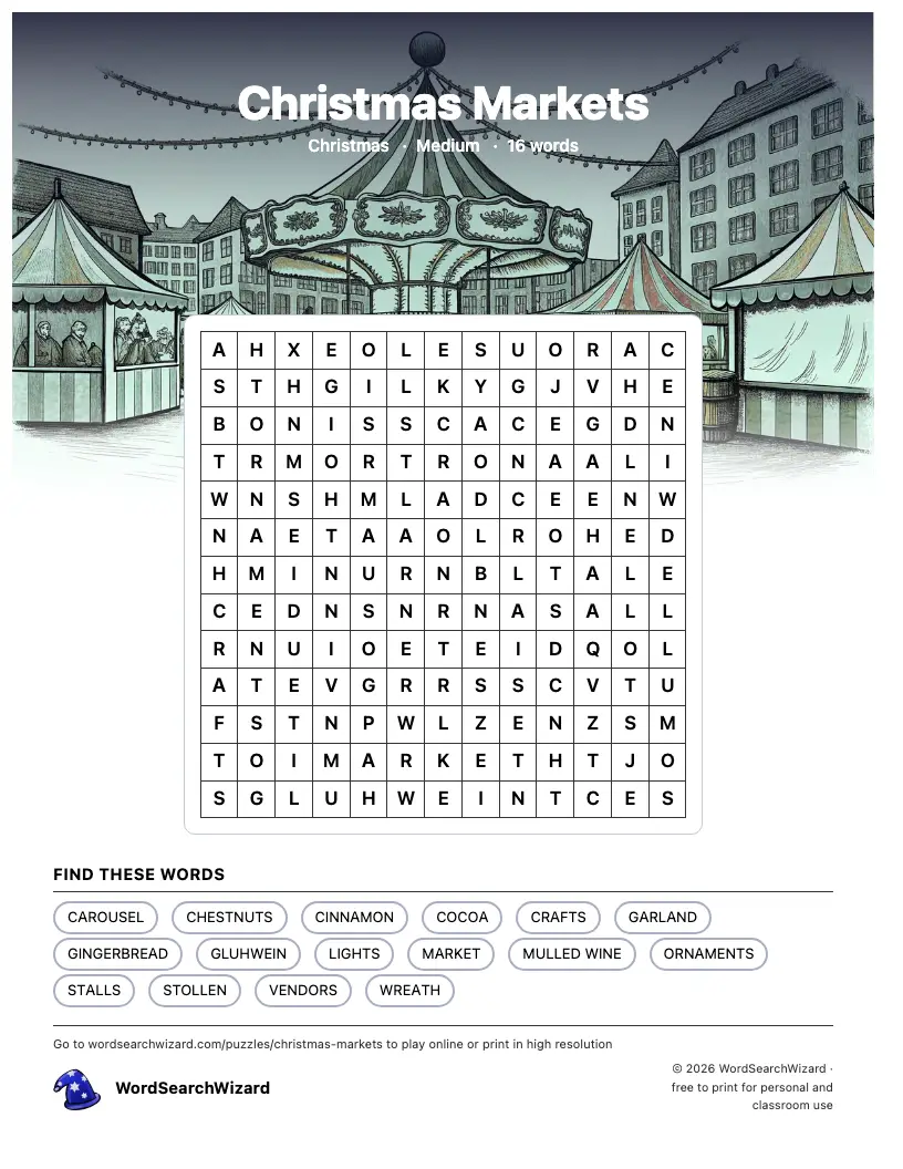Christmas Markets word search printable sheet, 16 words to find