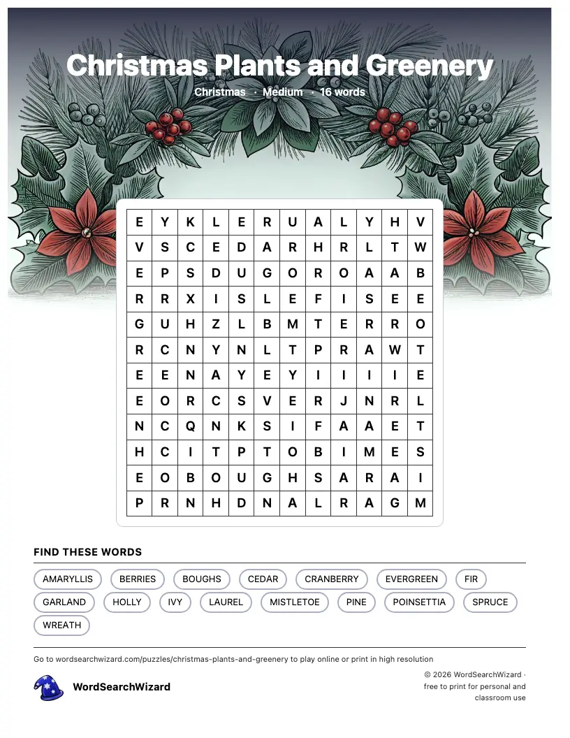 Christmas Plants and Greenery word search printable sheet, 16 words to find
