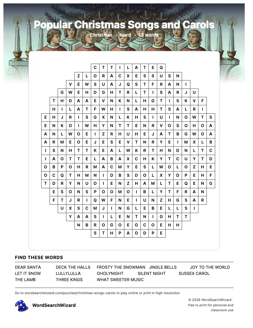 Popular Christmas Songs and Carols word search printable sheet, 13 words to find