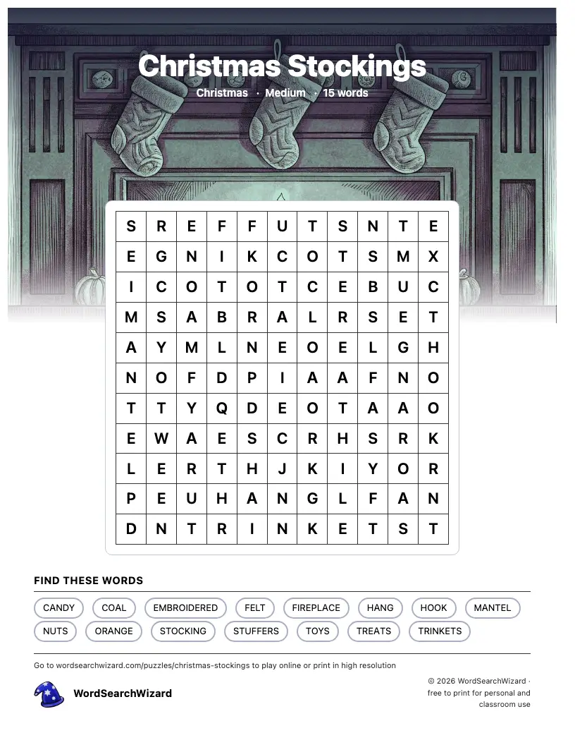Christmas Stockings word search printable sheet, 15 words to find
