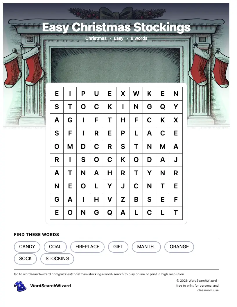 Easy Christmas Stockings word search printable sheet, 8 words to find