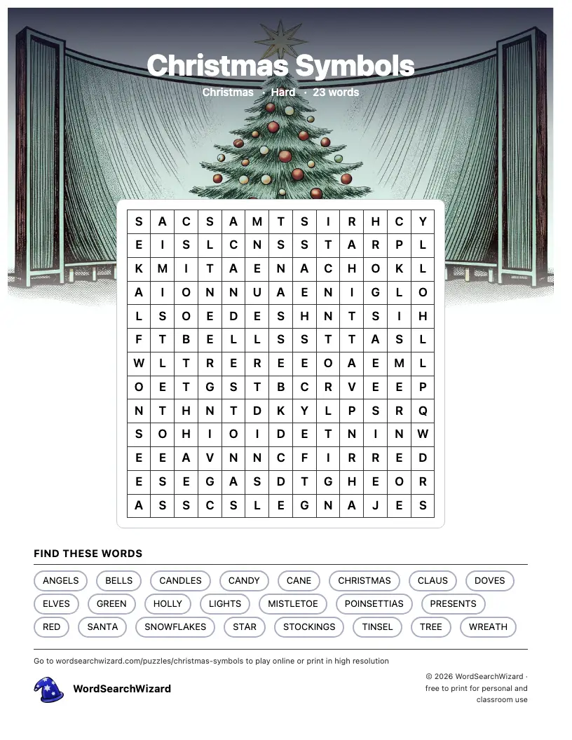Christmas Symbols word search printable sheet, 23 words to find
