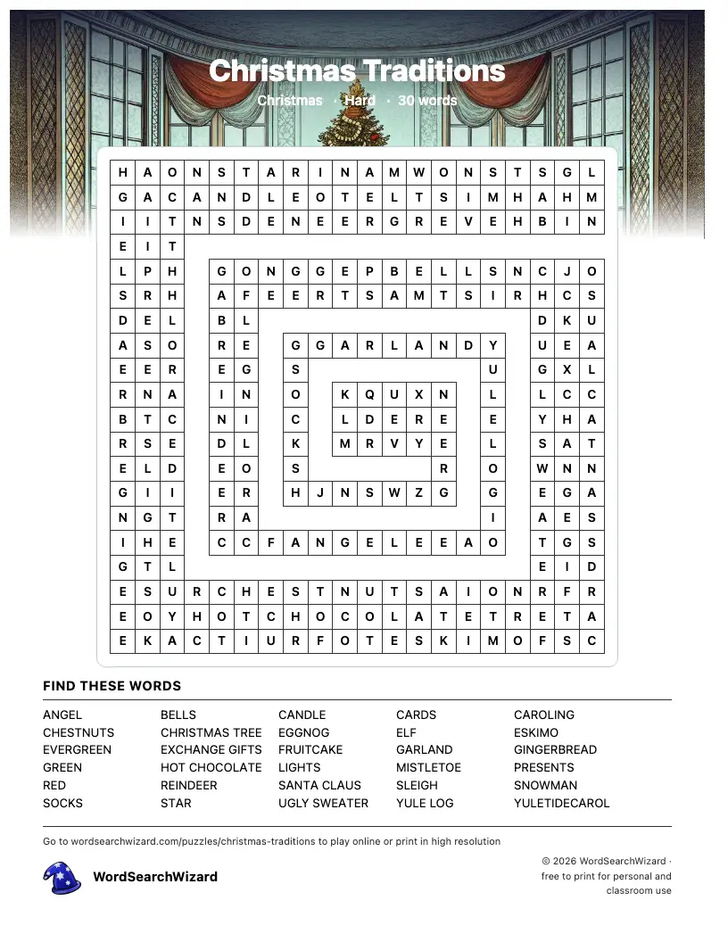 Christmas Traditions word search printable sheet, 30 words to find