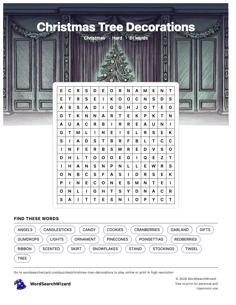 Christmas Tree Decorations word search printable sheet, 21 words to find