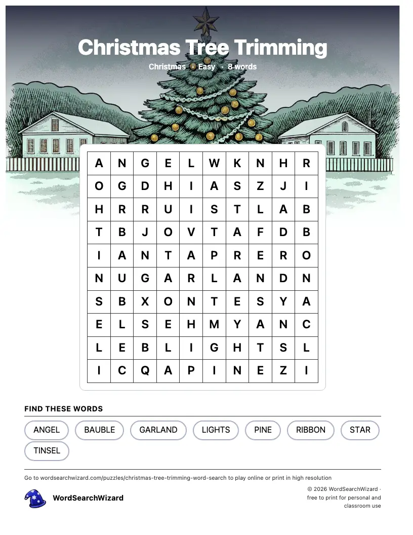 Christmas Tree Trimming word search printable sheet, 8 words to find