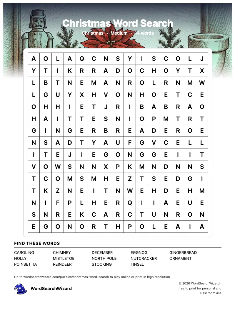 Christmas word search printable sheet, 14 words to find