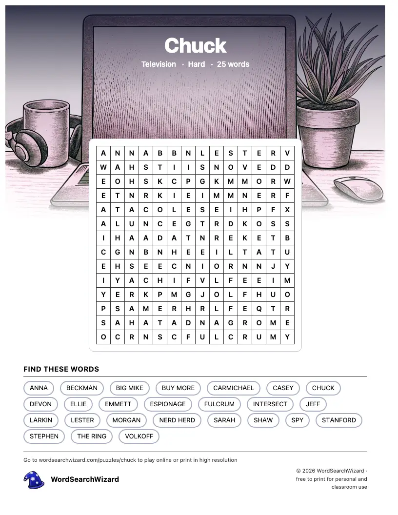 Chuck word search printable sheet, 25 words to find