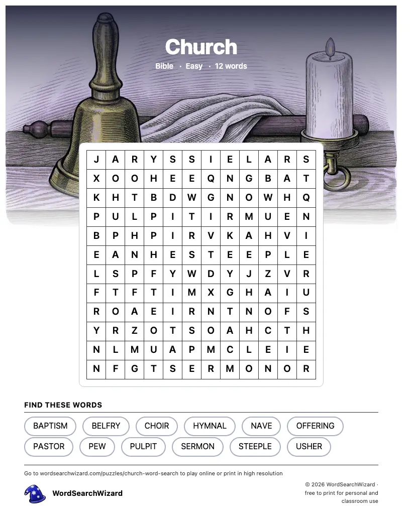 Church word search printable sheet, 12 words to find