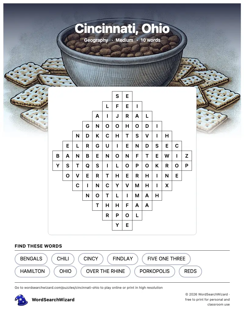Cincinnati, Ohio word search printable sheet, 10 words to find