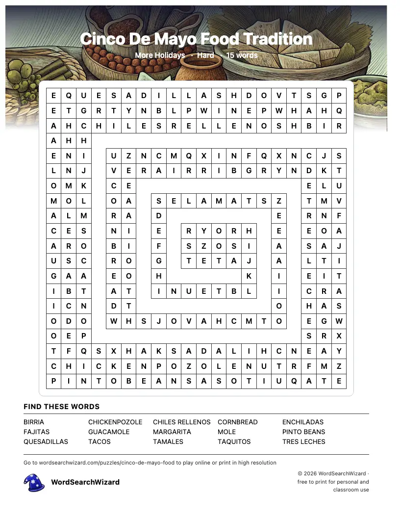 Cinco De Mayo Food Tradition word search printable sheet, 15 words to find
