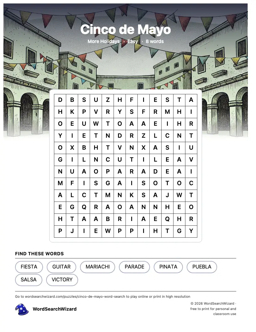 Cinco de Mayo word search printable sheet, 8 words to find