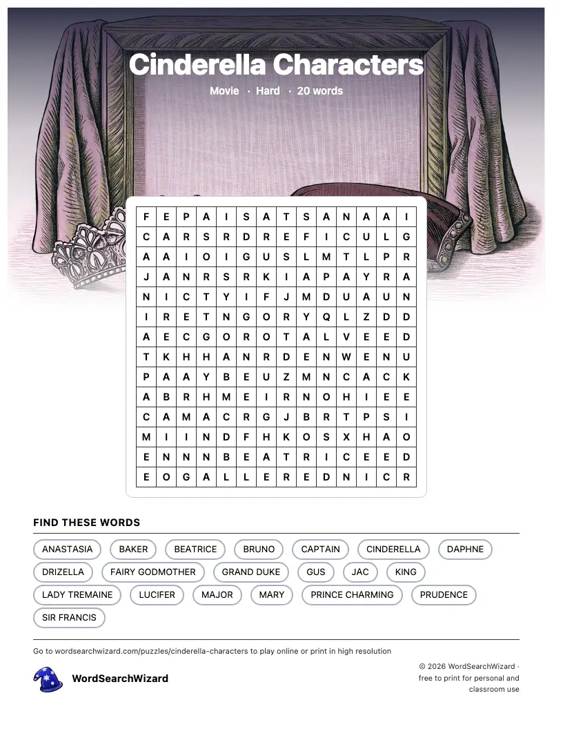 Cinderella Characters word search printable sheet, 20 words to find