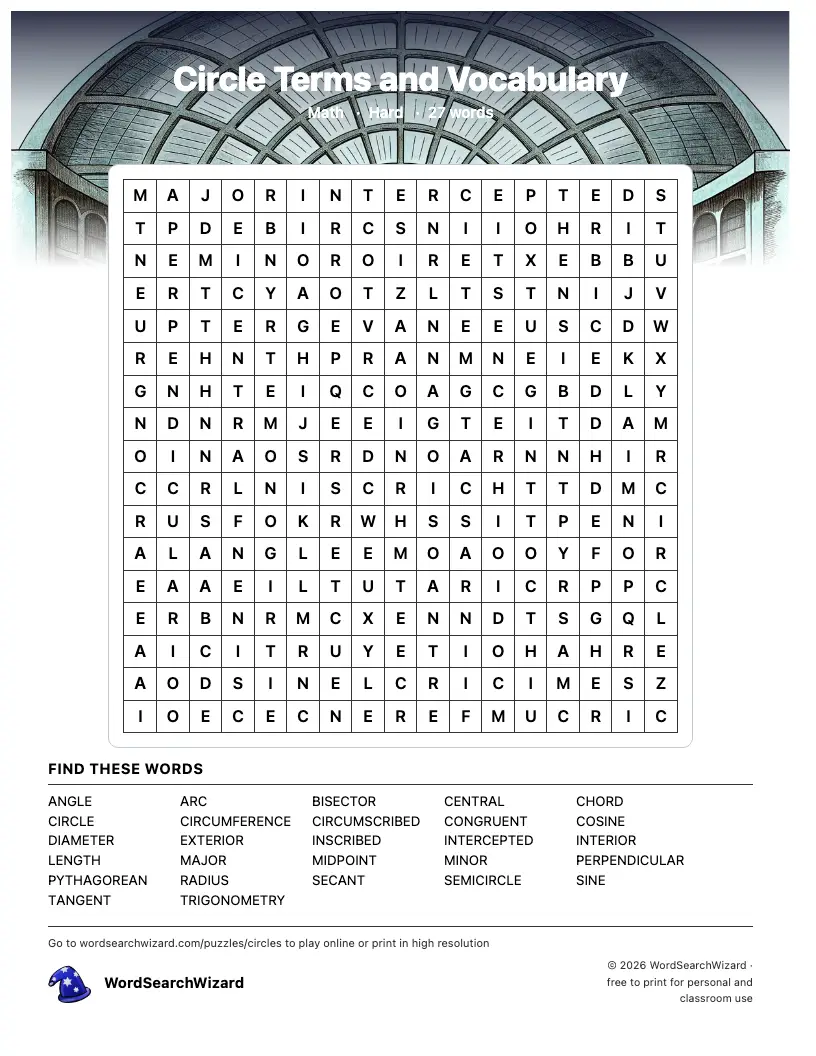 Circle Terms and Vocabulary word search printable sheet, 27 words to find