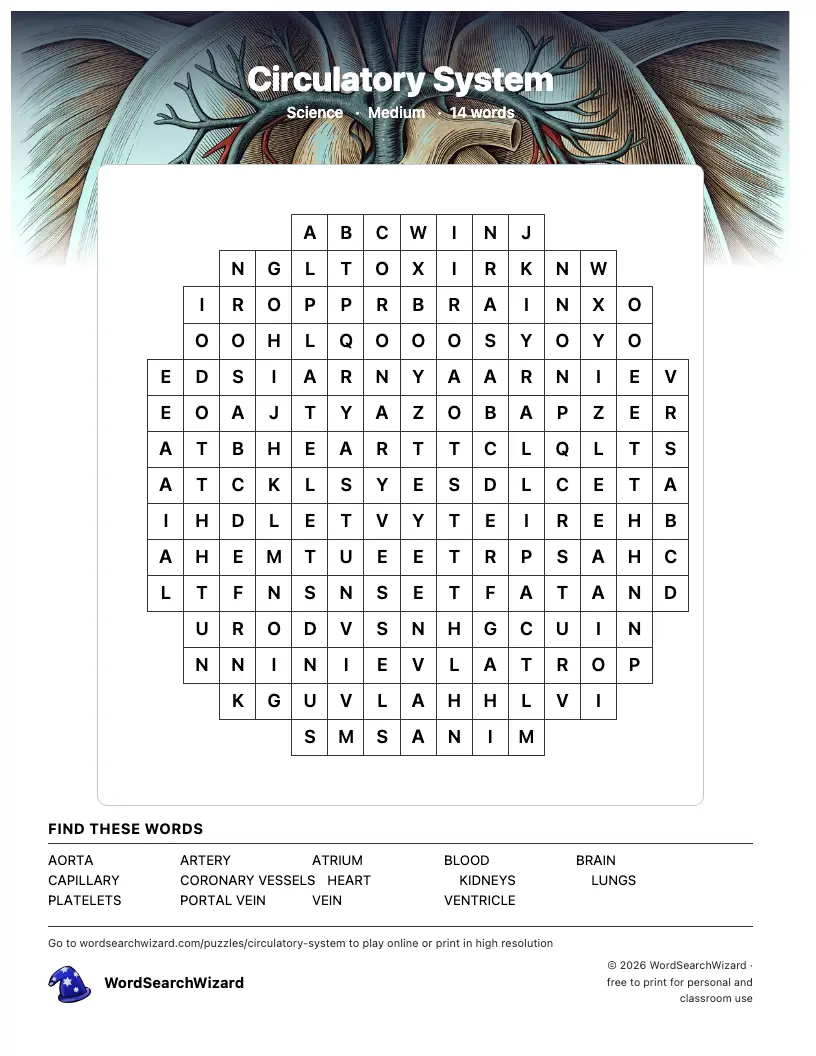 Circulatory System word search printable sheet, 14 words to find