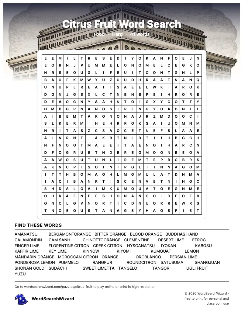 Citrus Fruit word search printable sheet, 41 words to find