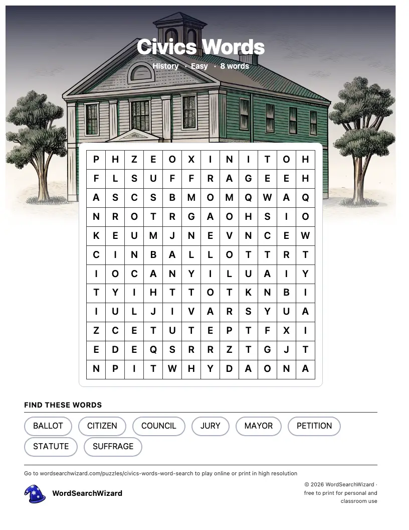 Civics Words word search printable sheet, 8 words to find