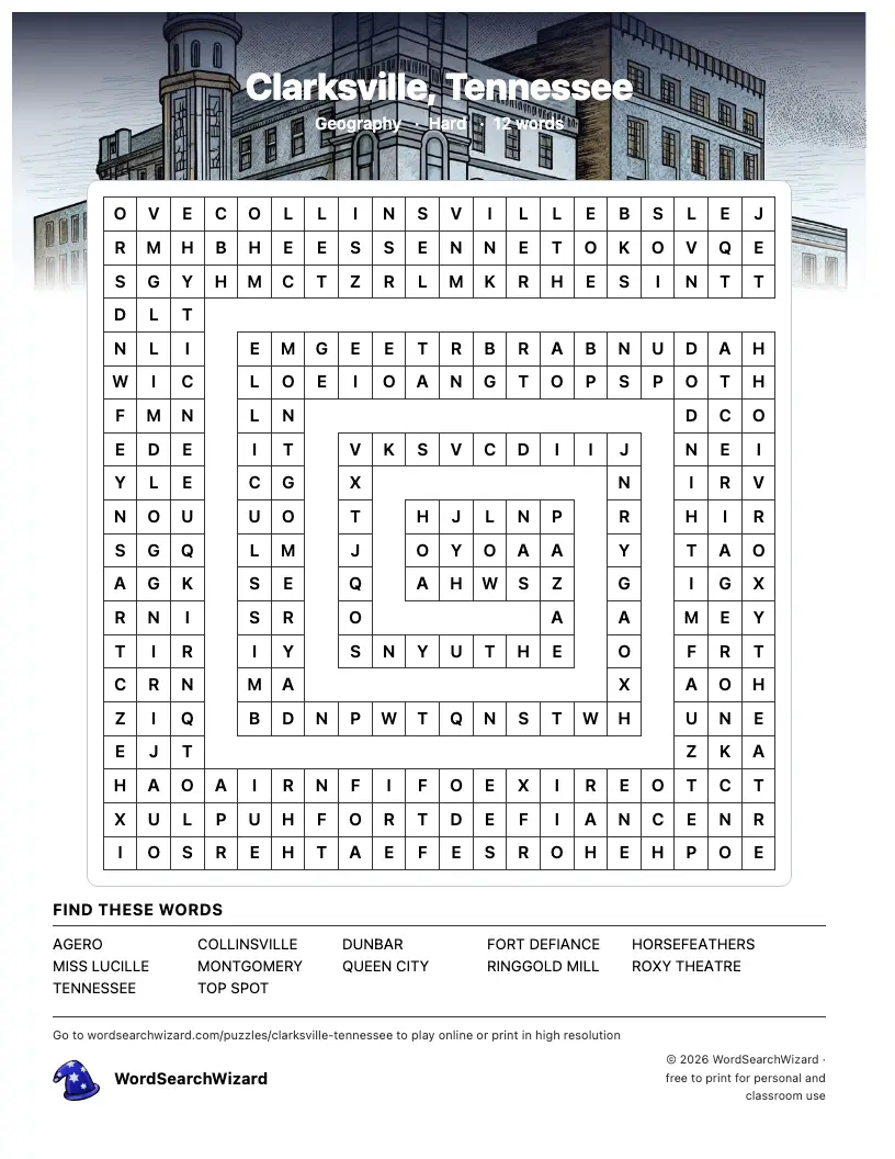 Clarksville, Tennessee word search printable sheet, 12 words to find