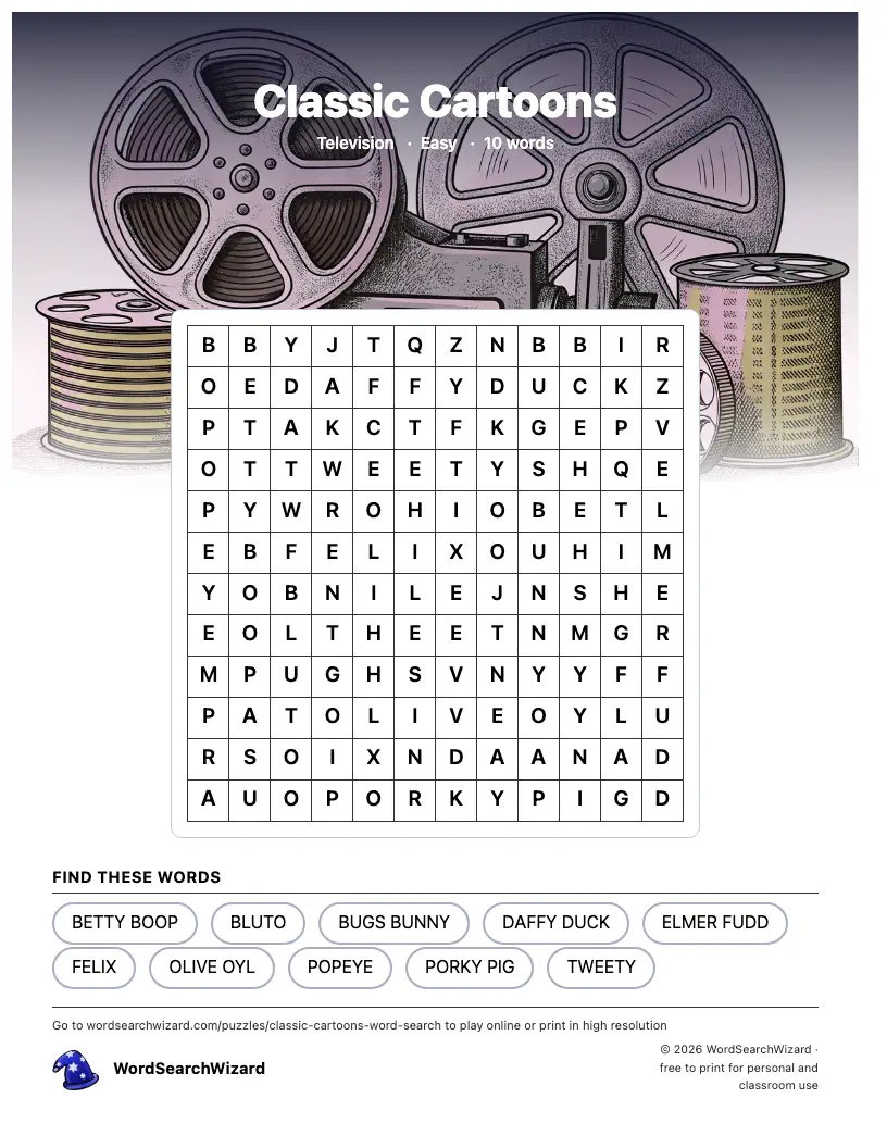 Classic Cartoons word search printable sheet, 10 words to find