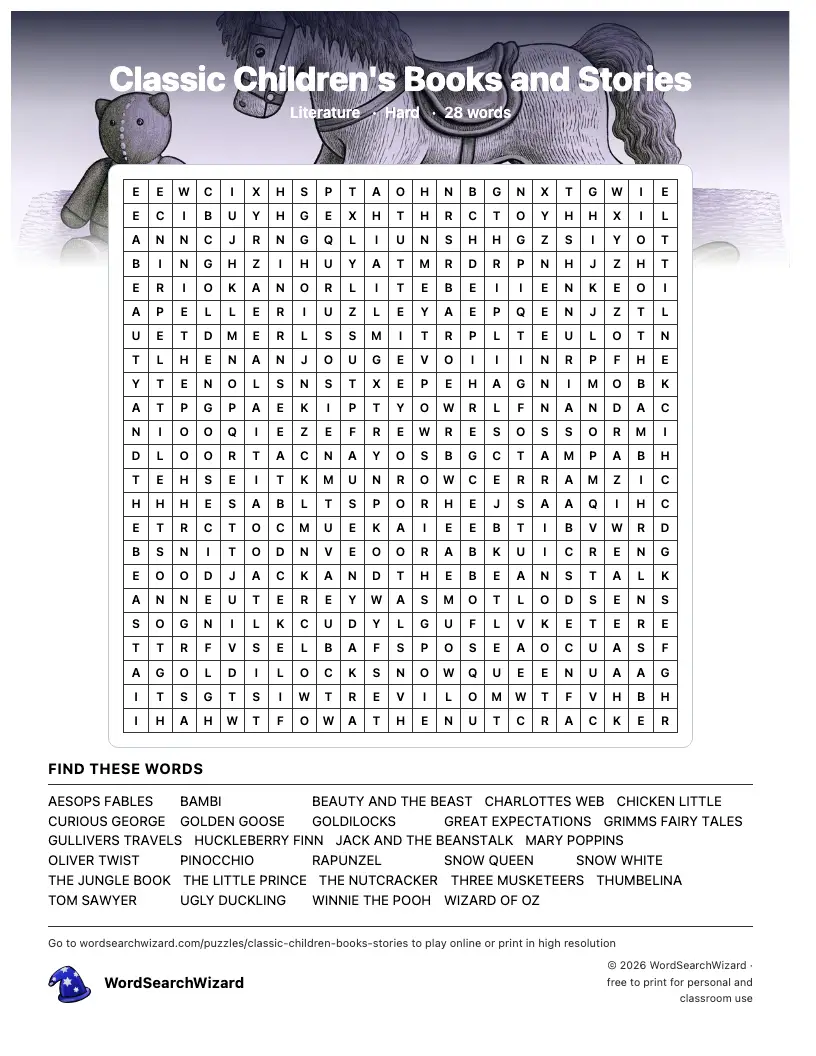 Classic Children's Books and Stories word search printable sheet, 28 words to find