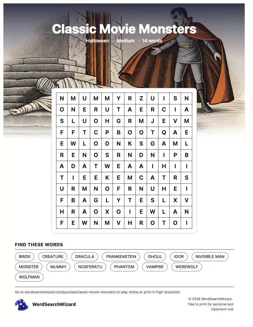 Classic Movie Monsters word search printable sheet, 14 words to find