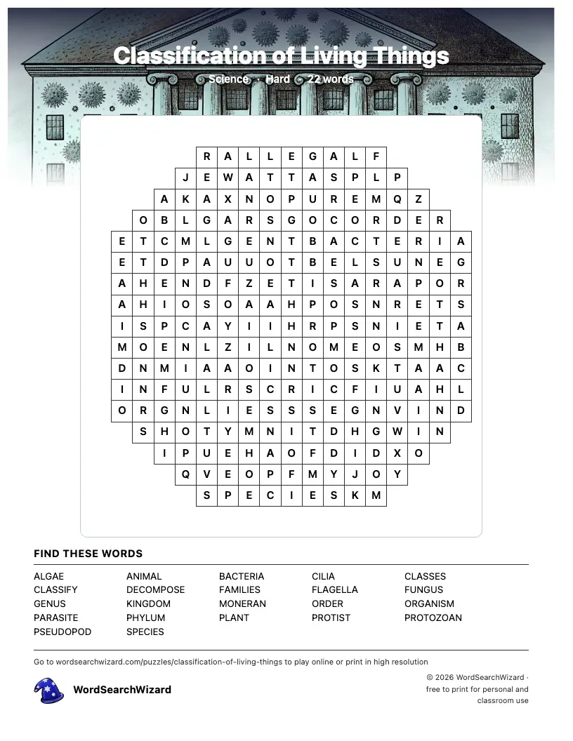 Classification of Living Things word search printable sheet, 22 words to find