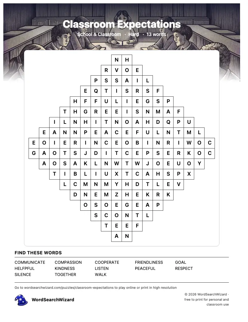 Classroom Expectations word search printable sheet, 13 words to find