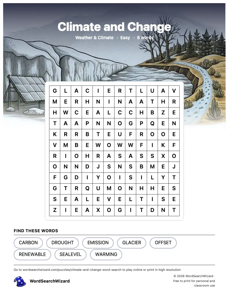 Climate and Change word search printable sheet, 8 words to find