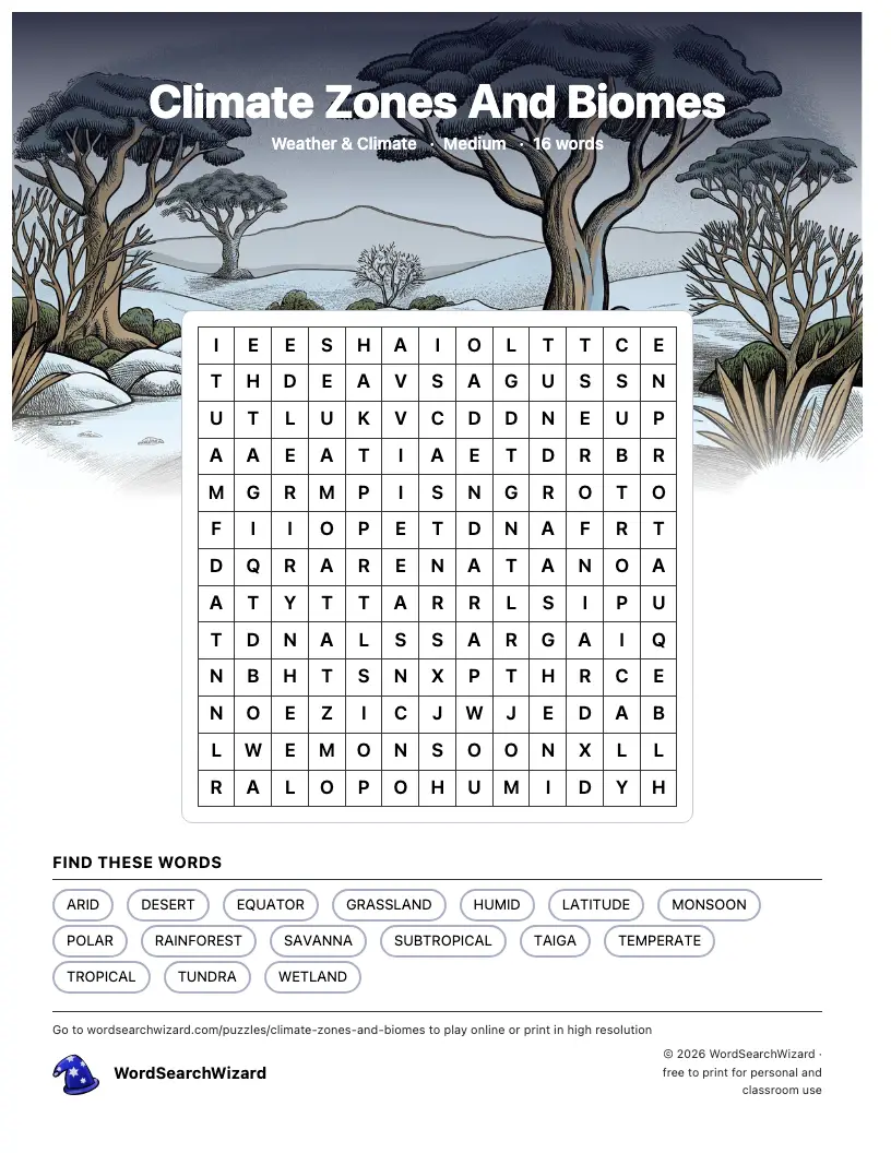 Climate Zones And Biomes word search printable sheet, 16 words to find