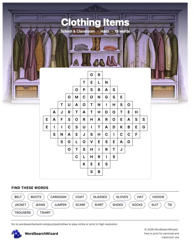Clothing Items word search printable sheet, 19 words to find