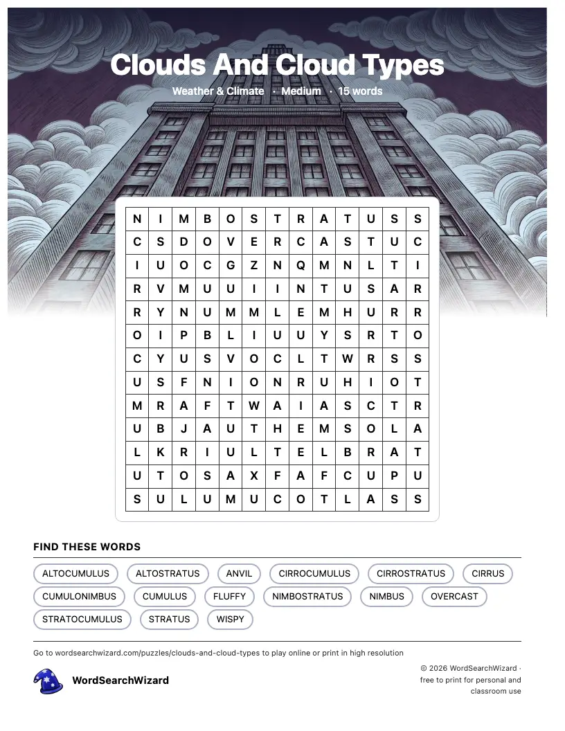 Clouds And Cloud Types word search printable sheet, 15 words to find