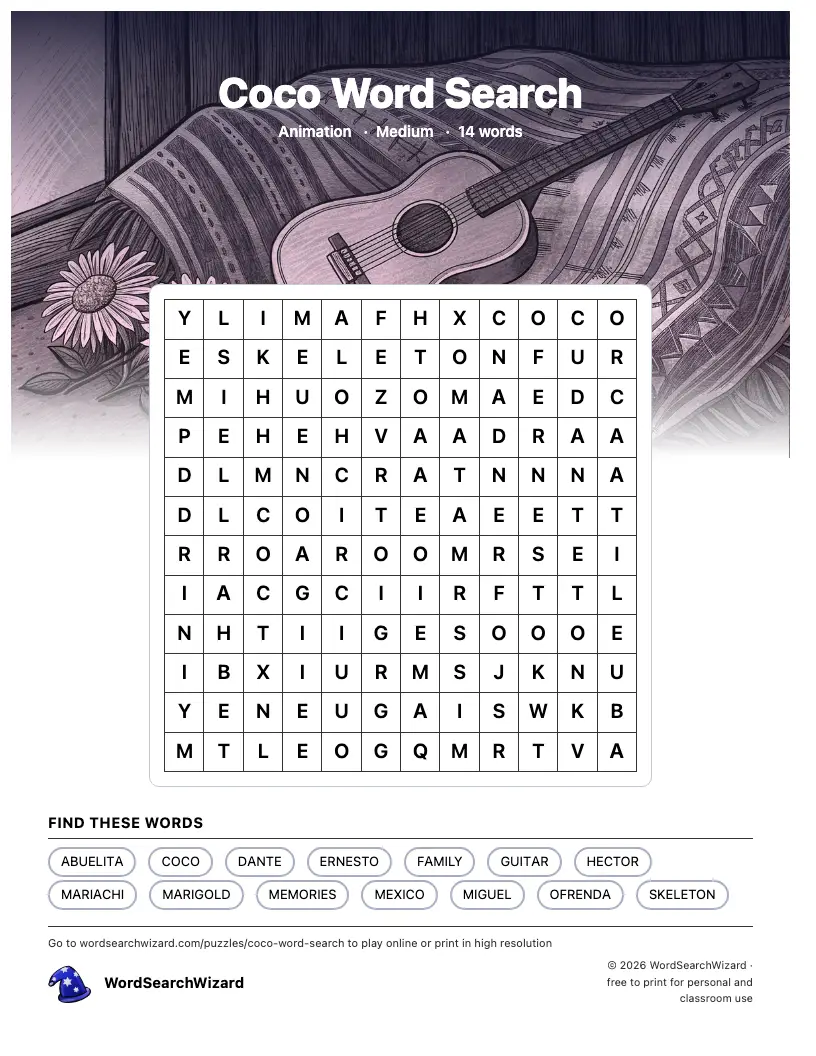 Coco word search printable sheet, 14 words to find