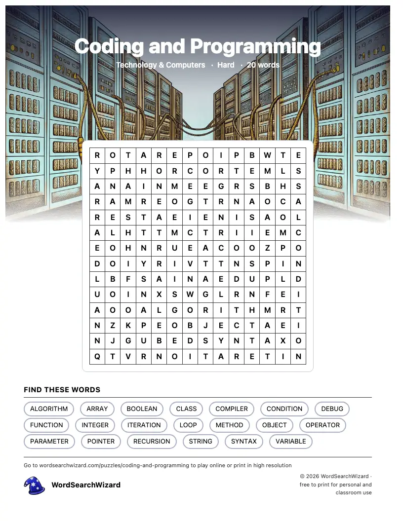 Coding and Programming word search printable sheet, 20 words to find