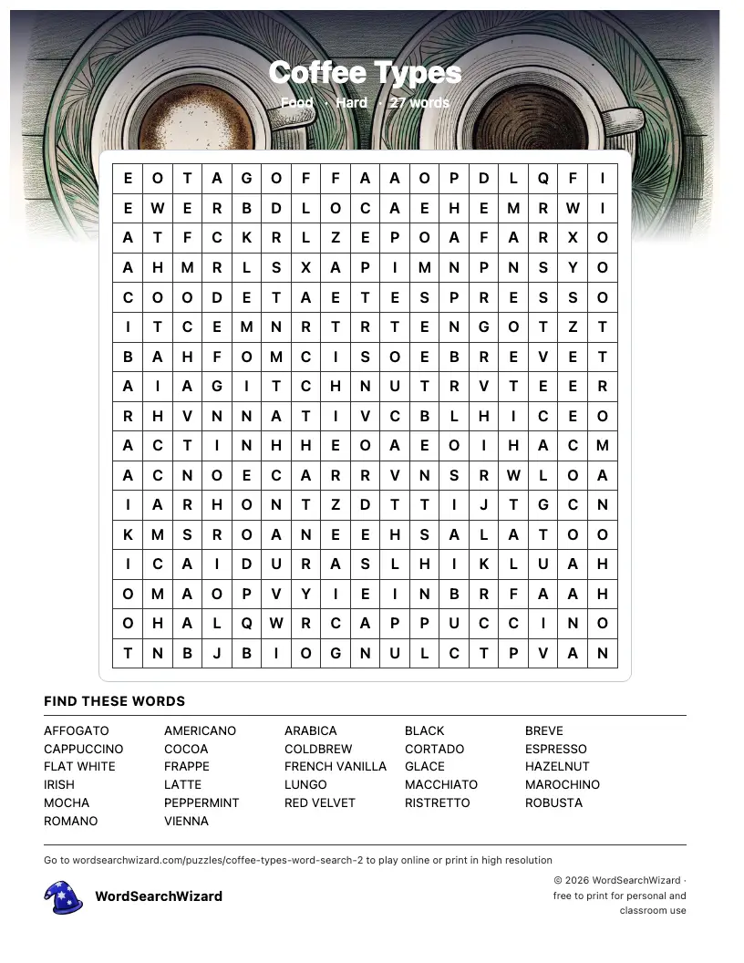 Coffee Types word search printable sheet, 27 words to find